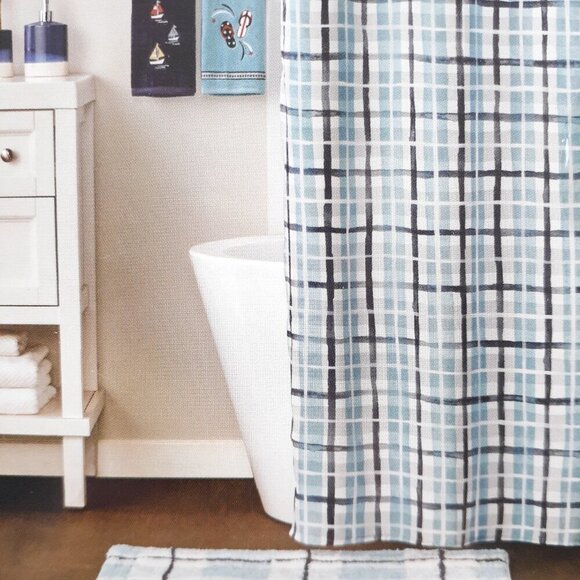 Fabric Shower Curtain Plaid Blue Gray 70x72 Lake Watercolor Hooks Included - Picture 3 of 3